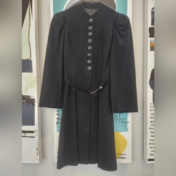 Vintage 1930s Union Made Princess Coat Black Wool Blend With Belt - Picture 7 of 13
